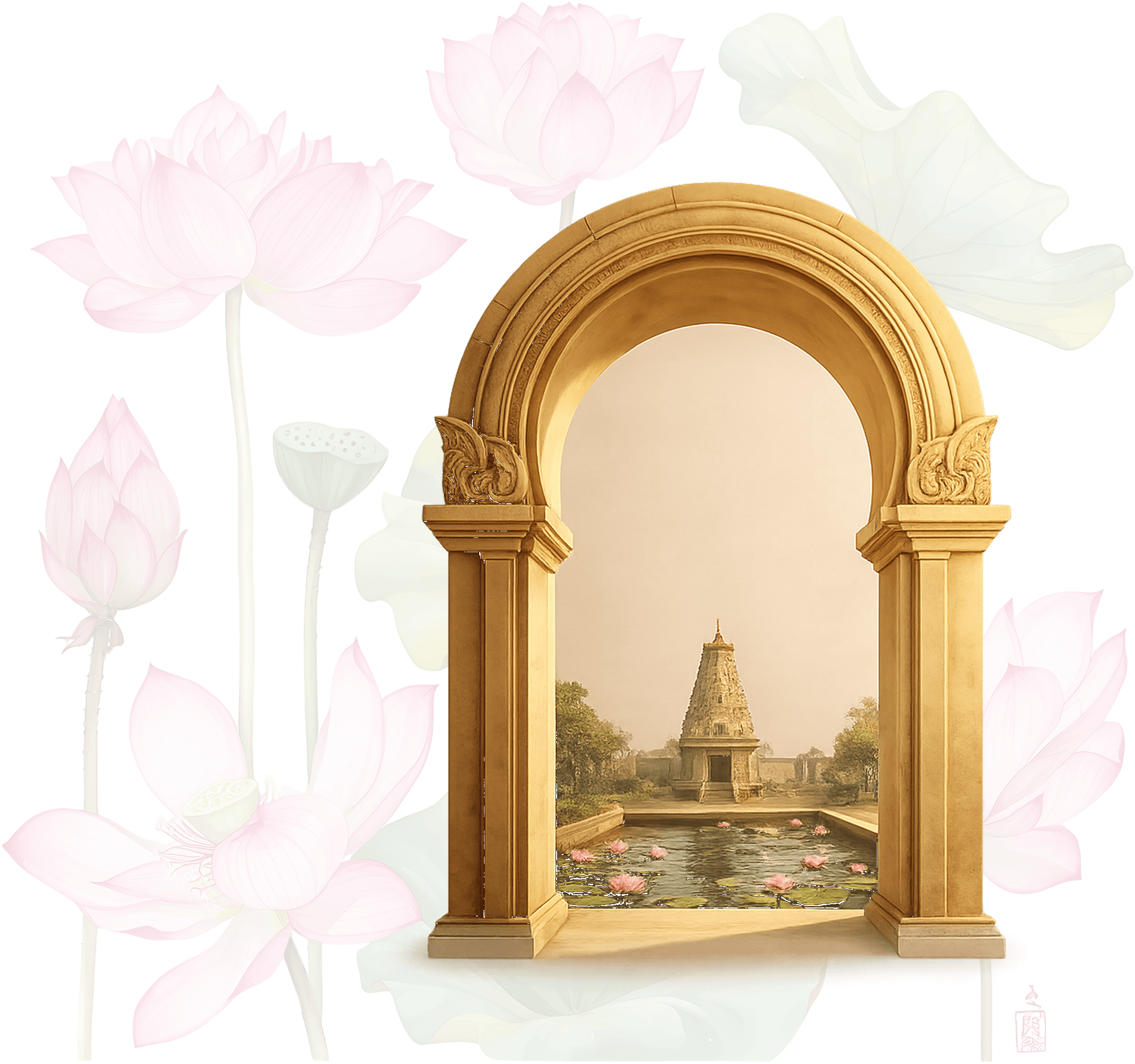 Stone archway overlooking a temple and lotus pond