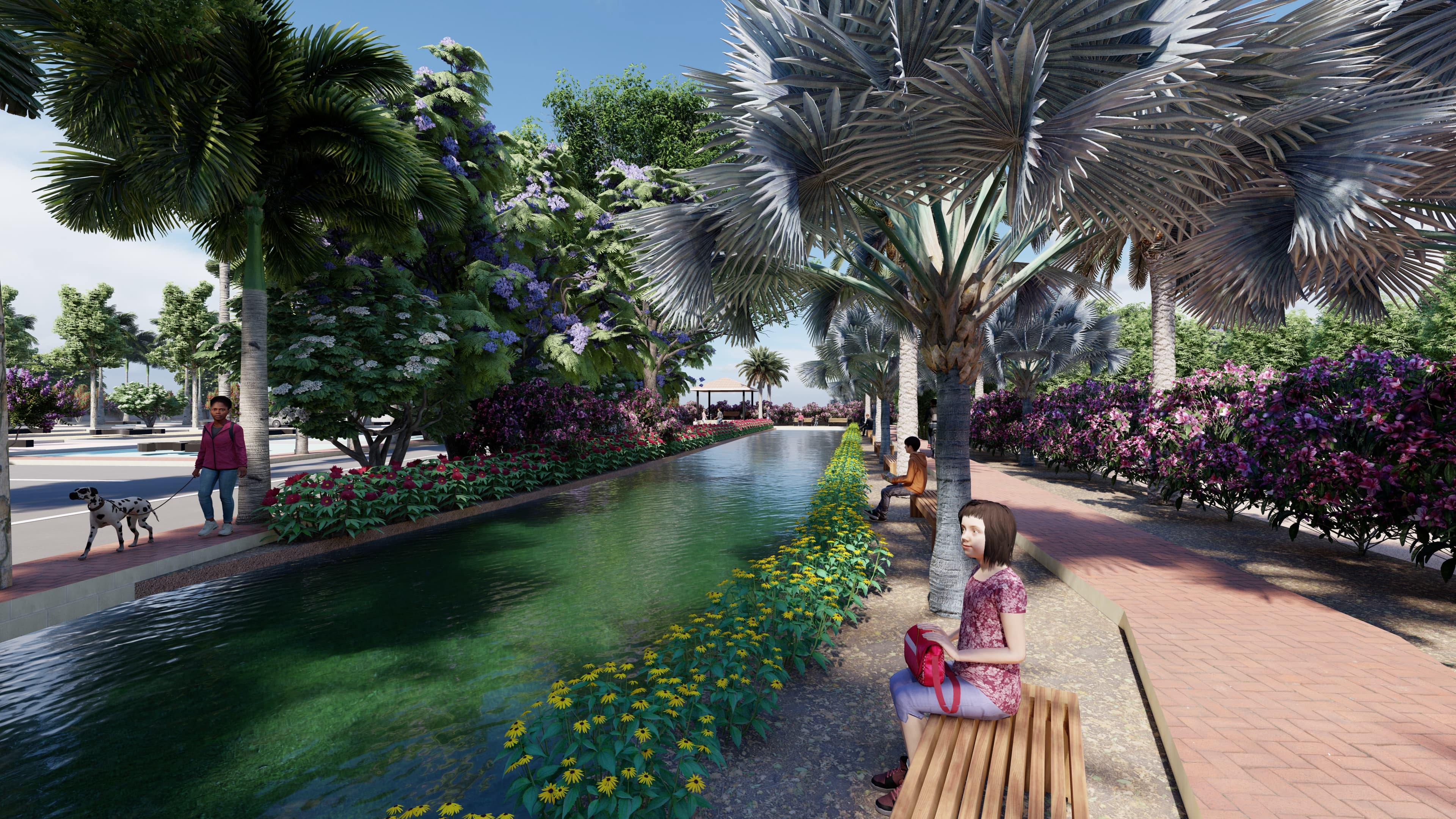 Canal walkway lined with gardens