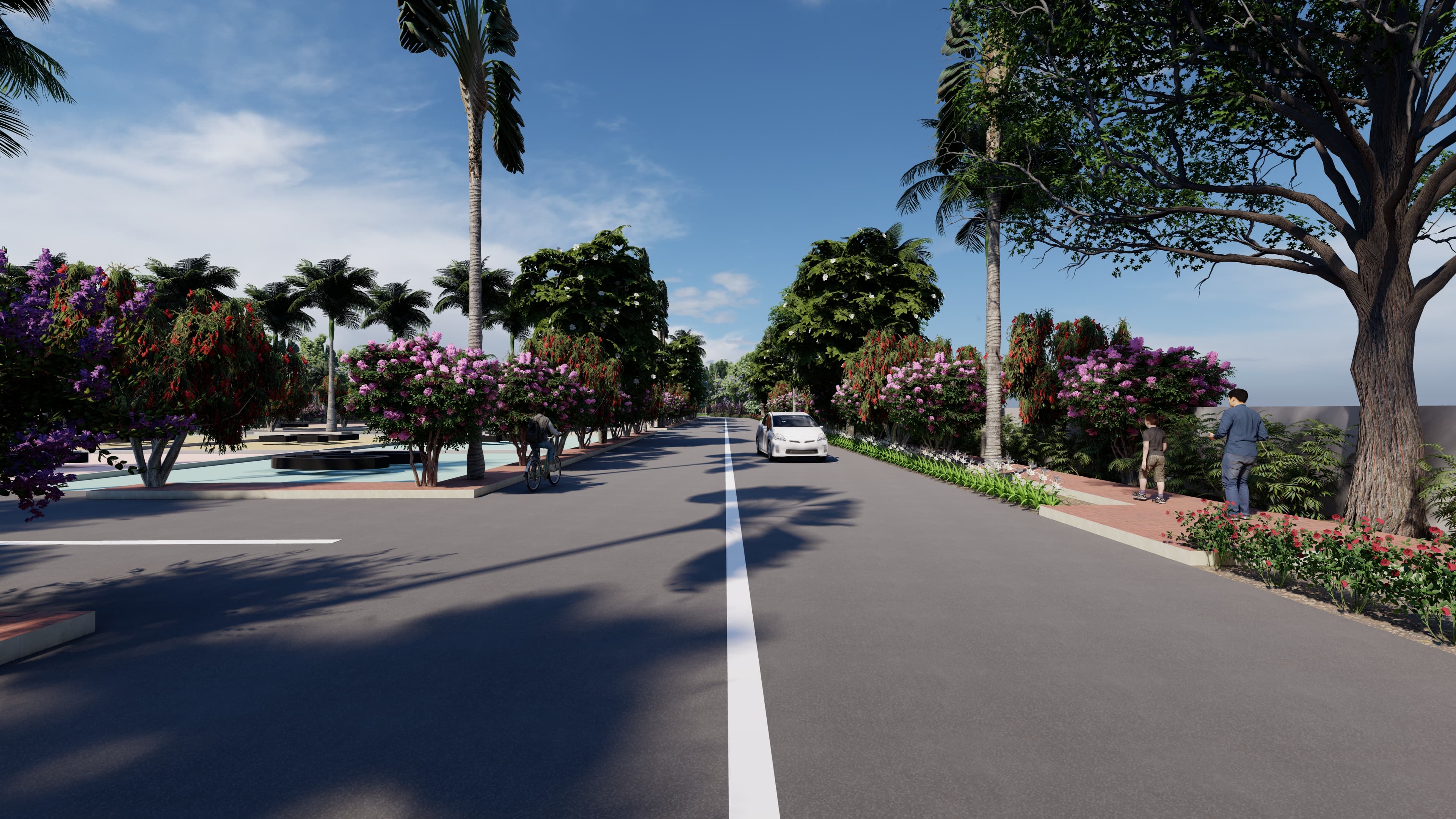 Landscaped internal road with sidewalks